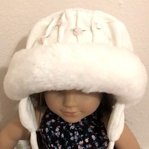Ivory Faux Fur Fleece Winter Hat Embroidered Pink Roses Cozy Ear Flaps Infant